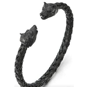 Mens bracelet Wolf Head Steel Braided Cable Bangle Cuff Bracelet Polished